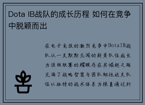 Dota IB战队的成长历程 如何在竞争中脱颖而出